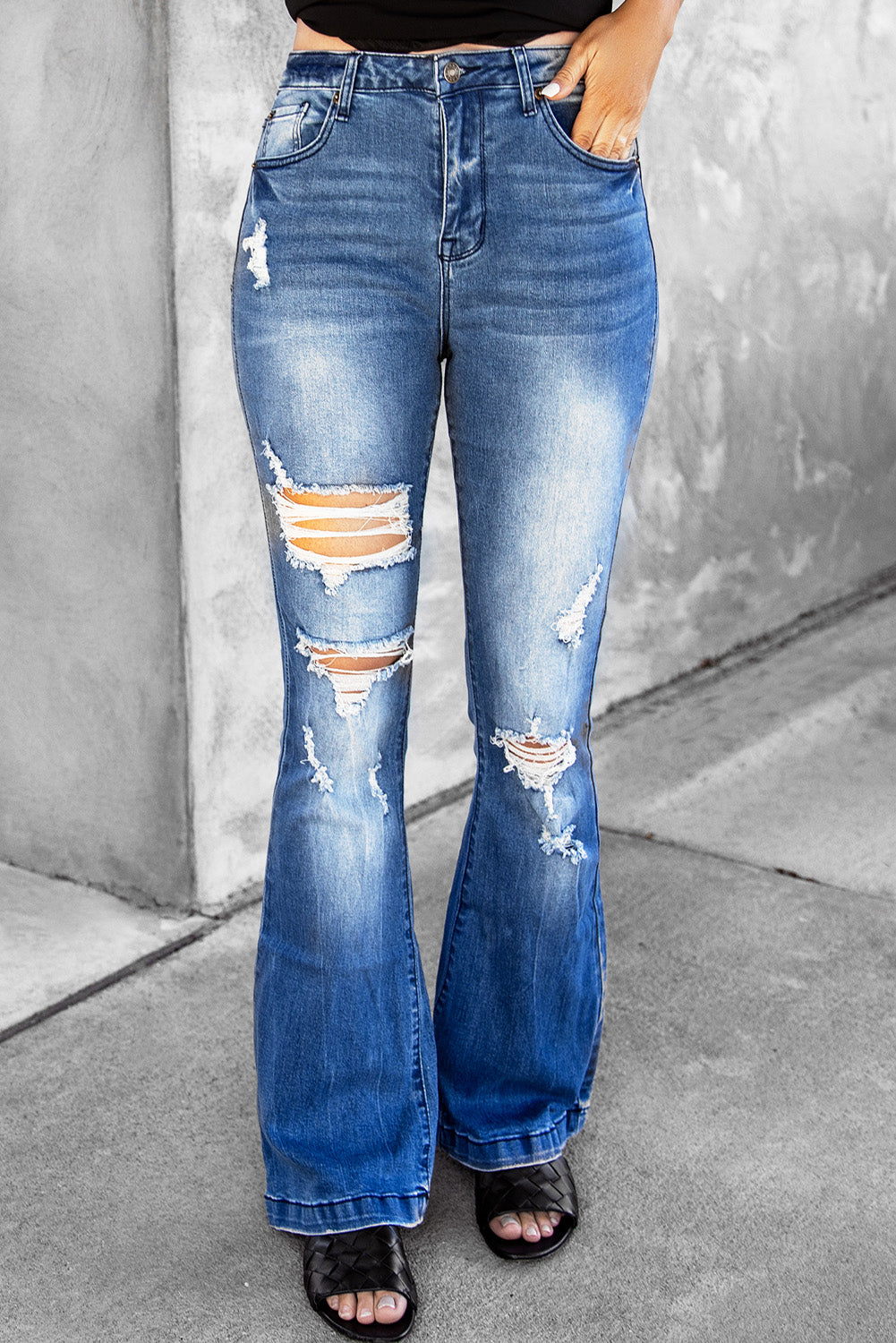 Distressed Flare Leg Jeans with Pockets Kathryn Champion Designs